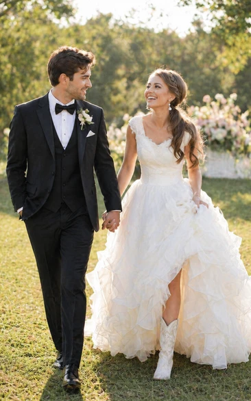 Country/Rustic Cowgirl Western  Ruffles Lace Barn A-line Wedding Dress with Boots