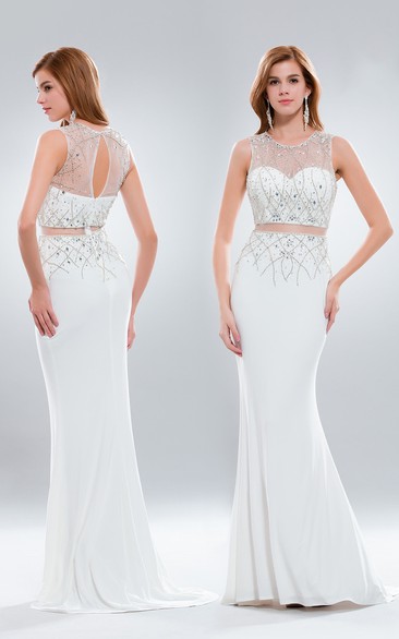 Two-Piece Sheath Scoop-Neck Sleeveless Jersey Dress With Beading And Illusion