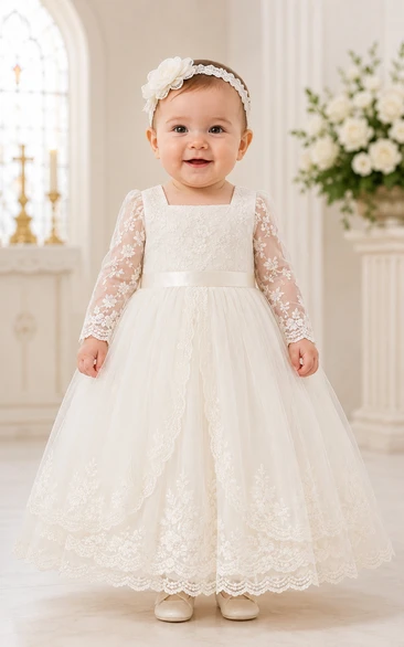 Baby Christening Gown Modest A-Line Long Sleeve Tulle Lace Floor-Length with Bow Sash in Ivory