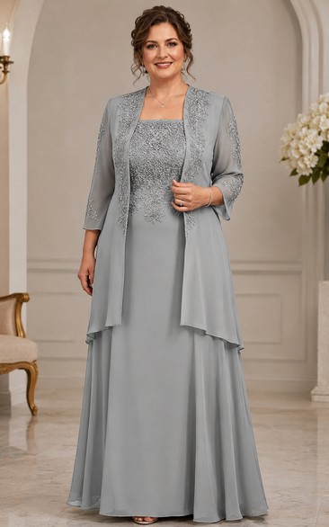 Steel Grey Mother Dress with Jacket Steel Grey Square A-Line Floor-length