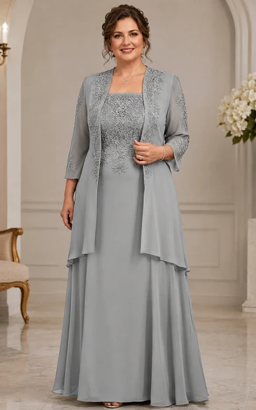 Steel Grey Mother Dress with Jacket Steel Grey Square A-Line Floor-length