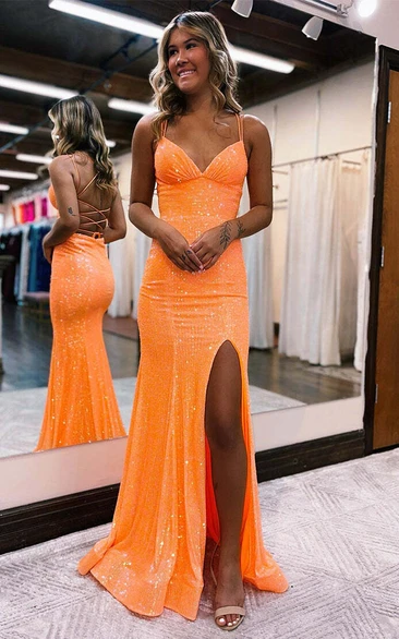 Vibrant Neon-Orange Sequin Gown with Spaghetti Straps & Thigh-High Slit
