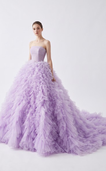 Lilac Ruffle Tulle Ball Gown Quinceanera Strapless Prom Dress with Dramatic Train