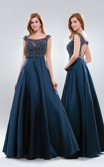 A-Line Floor-Length Bateau Cap-Sleeve Satin Keyhole Dress With Sequins