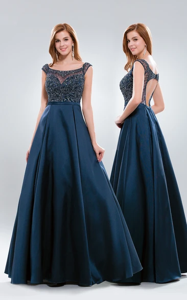 A-Line Floor-Length Bateau Cap-Sleeve Satin Keyhole Dress With Sequins