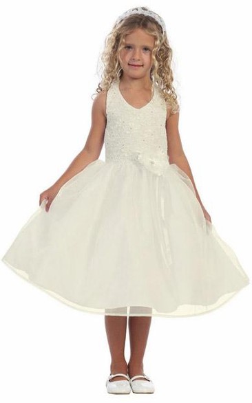 Tea-Length Floral Beaded Lace&Organza Flower Girl Dress