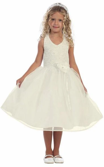 Tea-Length Floral Beaded Lace&Organza Flower Girl Dress
