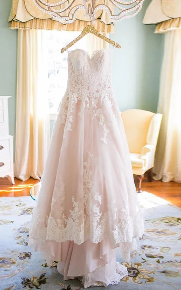 Elegant Sweetheart High Low Blush Wedding Dress Styles with White Lace