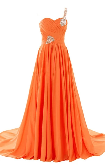 One-shoulder Sweetheart Ruched A-line Gown With Rhinestones