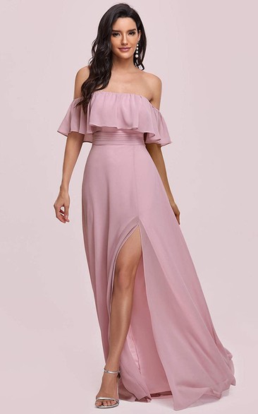 Casual Chiffon Off-the-shoulder A Line Guest Dress With Ruffles and Split Front