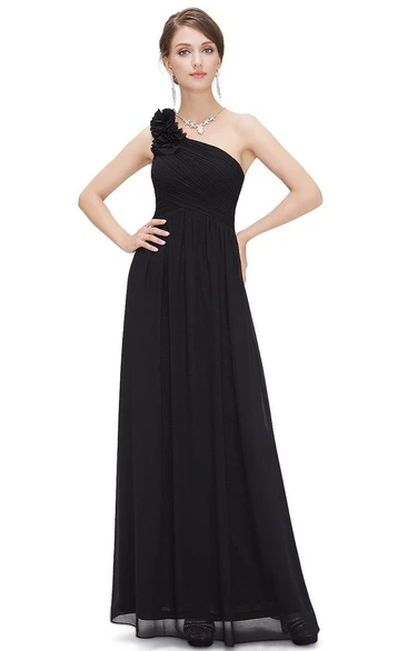 One Shoulder Ruched Chiffon Long Dress With Zipper Back