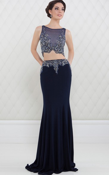 Sheath Scoop-Neck Sleeveless Beaded Floor-Length Jersey Prom Dress