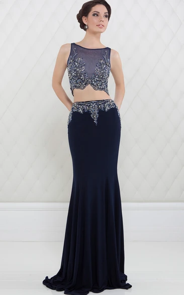 Sheath Scoop-Neck Sleeveless Beaded Floor-Length Jersey Prom Dress