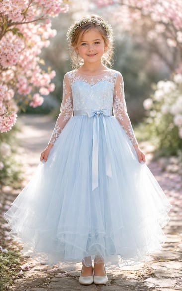 A-line Tea-length Long Sleeve Illusion Tulle Lace Flower Girl Dress with Blue long lace sleeves and airy tulle skirt