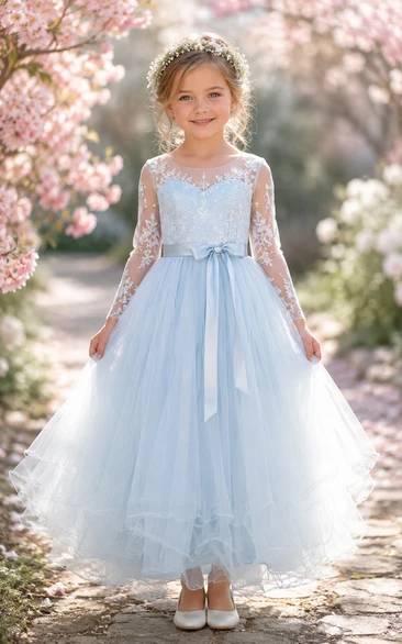 A-line Tea-length Long Sleeve Illusion Tulle Lace Flower Girl Dress with Blue long lace sleeves and airy tulle skirt