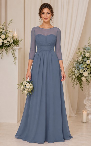 Steel Blue Illusion 3/4 Sleeve A-Line Chiffon Dress