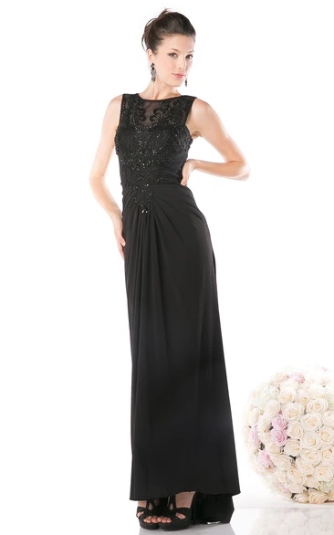 Sheath Long Scoop-Neck Sleeveless Chiffon Illusion Dress With Beading And Ruching