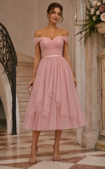 Blush Off-the-Shoulder Tulle Tea-Length Dress