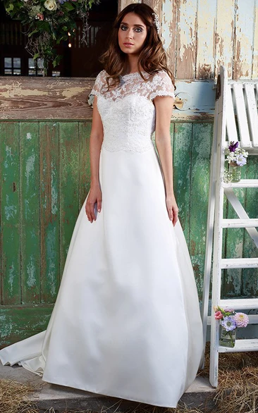 Scoop-Neck Appliqued Short-Sleeve Floor-Length Satin&Lace Wedding Dress