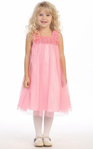 Square Beaded Empire Satin Flower Girl Dress