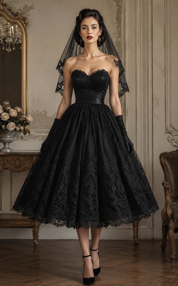 Vestido de novia negro sin tirantes de encaje hasta la rodilla