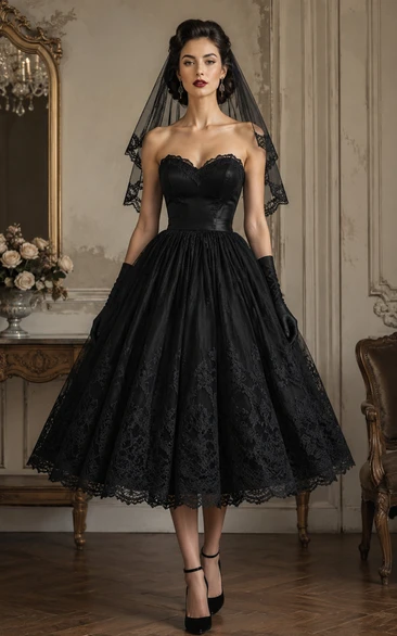 Black Strapless Lace Tea-Length Bridal Dress