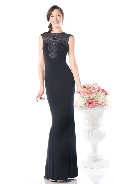 Sheath Jewel-Neck Cap-Sleeve Jersey Illusion Dress With Beading