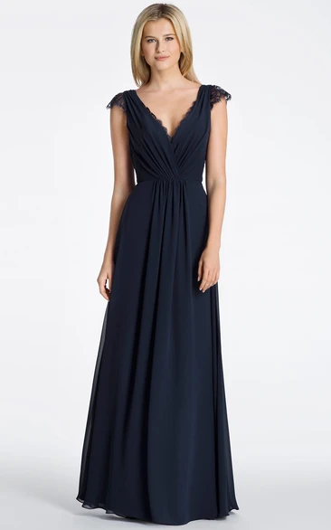 A-Line Cap-Sleeve Long Ruched V-Neck Chiffon Bridesmaid Dress With Lace And Keyhole Back