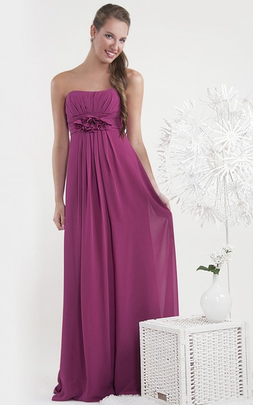 Sheath Ruched Sleeveless Strapless Maxi Empire Chiffon Bridesmaid Dress With Flower