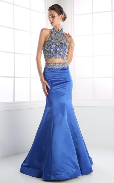 Two-Piece Trumpet High Neck Sleeveless Satin Backless Dress With Beading