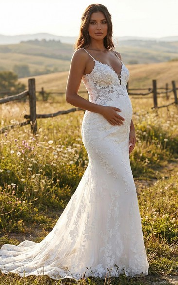 Maternity Lace Mermaid Wedding Dress with Spaghetti Straps and Sweep Train