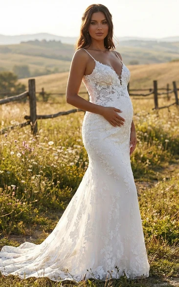 Maternity Lace Mermaid Wedding Dress with Spaghetti Straps and Sweep Train
