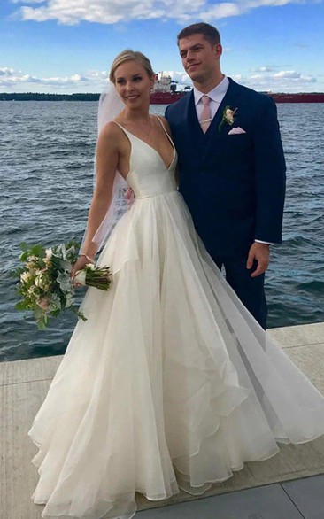 Spaghetti Sexy Plunged Beach A-line Flowy Solid Wedding Dress