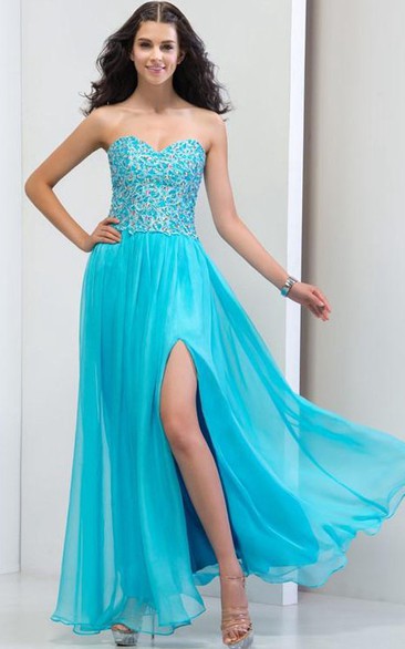 Sweetheart Side-Split Appliques Beaded Prom Dress