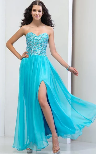 Sweetheart Side-Split Appliques Beaded Prom Dress