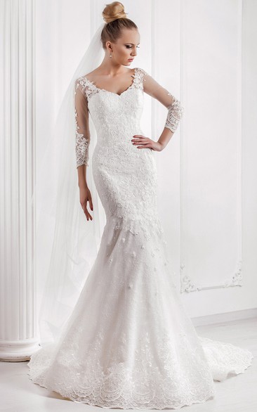 Mermaid Appliqued V-Neck 3-4 Sleeve Lace Wedding Dress With Court Train