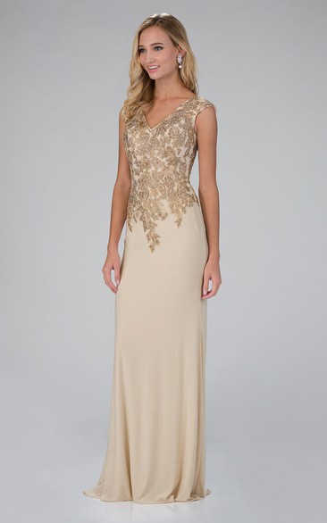 Sheath Floor-Length V-Neck Cap-Sleeve Jersey Illusion Dress With Beading