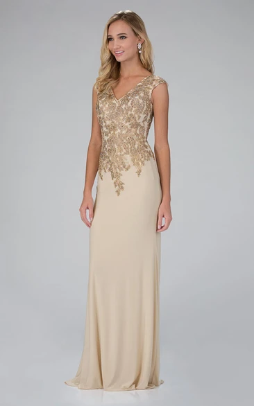 Sheath Floor-Length V-Neck Cap-Sleeve Jersey Illusion Dress With Beading