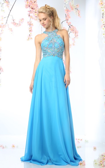 Sheath High Neck Sleeveless Chiffon Keyhole Dress With Ruching And Beading