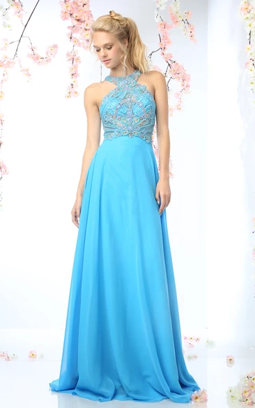 Sheath High Neck Sleeveless Chiffon Keyhole Dress With Ruching And Beading