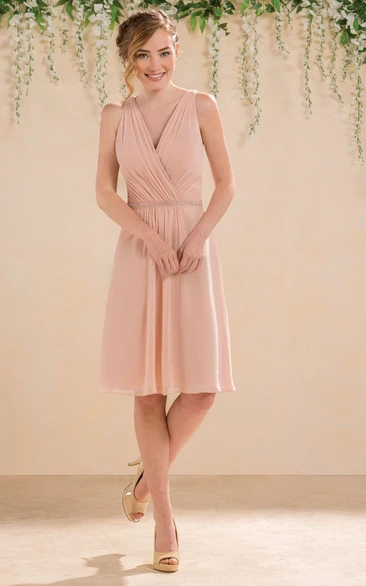 V-Neck Sleeveless A-Line Bridesmaid Dress With Illusion V-Back