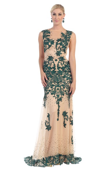 Sheath Jewel-Neck Sleeveless Tulle Illusion Dress With Appliques