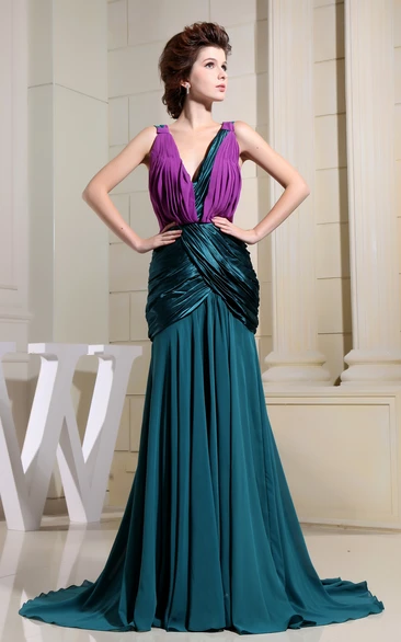 Plunged Sleeveless Chiffon Dress With Ruching and Brush Train