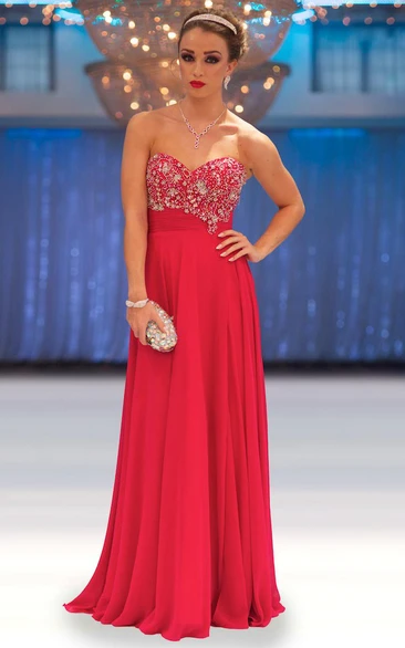 Sheath Sleeveless Beaded Floor-Length Sweetheart Chiffon Prom Dress With Pleats