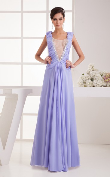 Plunged Chiffon Floor-Length Caped-Sleeve Pleats and Dress Illusion