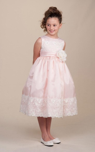 Tea-Length Floral Pleated Lace&Satin Flower Girl Dress With Sash