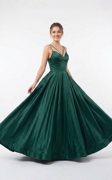 Dark Green Ball Gown Satin V Neck A-Line Prom Dress with Spaghetti Straps