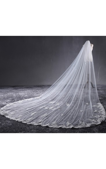 Korean New Style Cathedral Wedding Veil with Lace Edge and Flower Applique