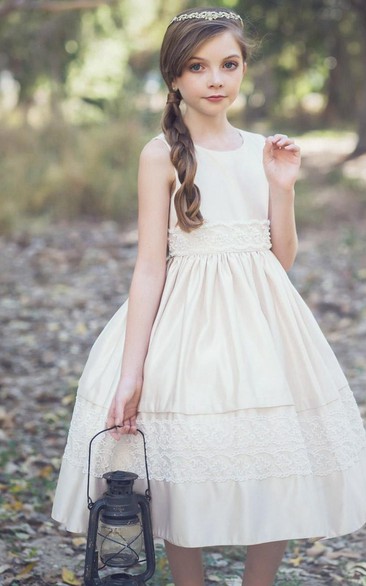 Tea-Length Sequined Tiered Tulle&Lace Flower Girl Dress