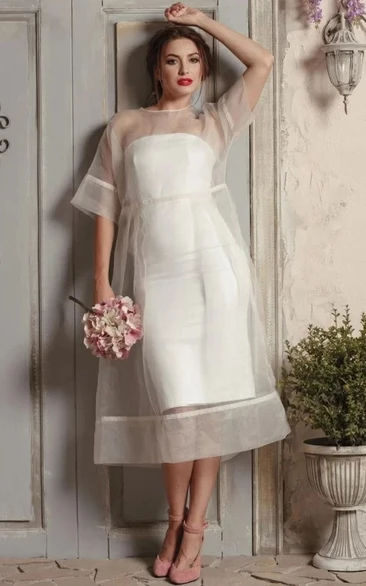 Modern A Line Organza Tea-length Half Sleeve Button Wedding Dress